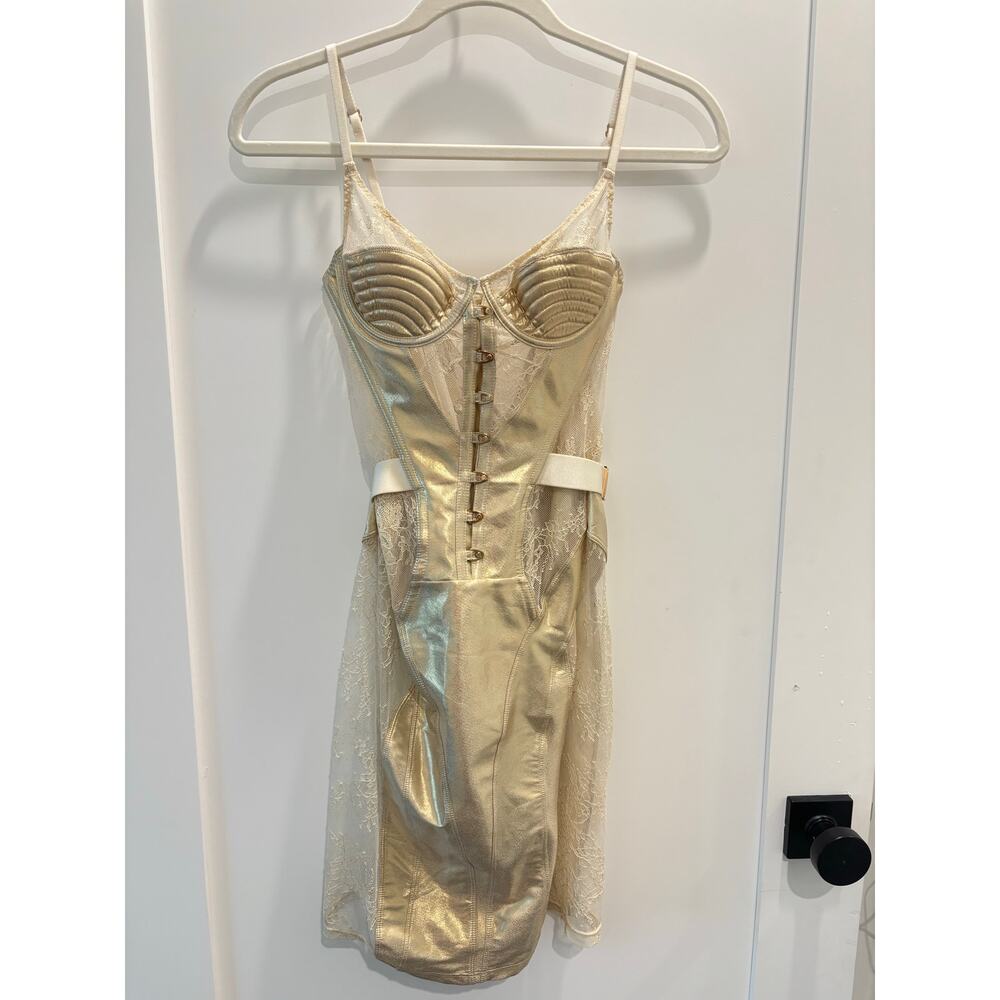 Honey Birdette Marilyn Dress Size XS Gold Ivory Metallic Lace